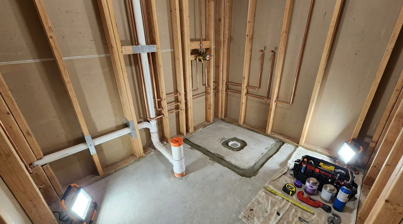 Bathroom rough-in plumbing during remodel by Johns Plumbing LLC in Boswell