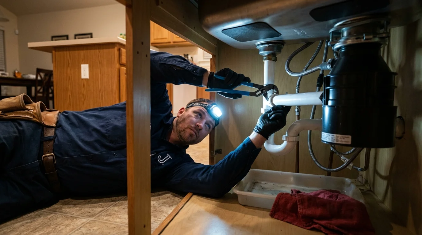 P-trap and supply line connections under a kitchen sink showing a common leak point in Boswell, PA